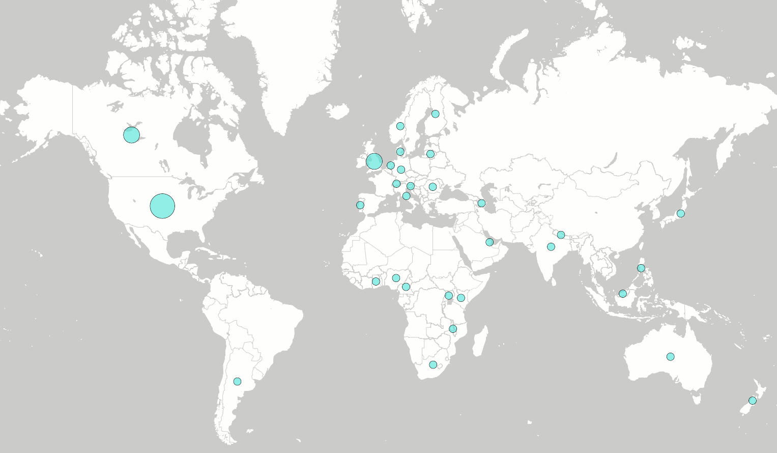 World map with pale green dots representing the size of membership across the globe.